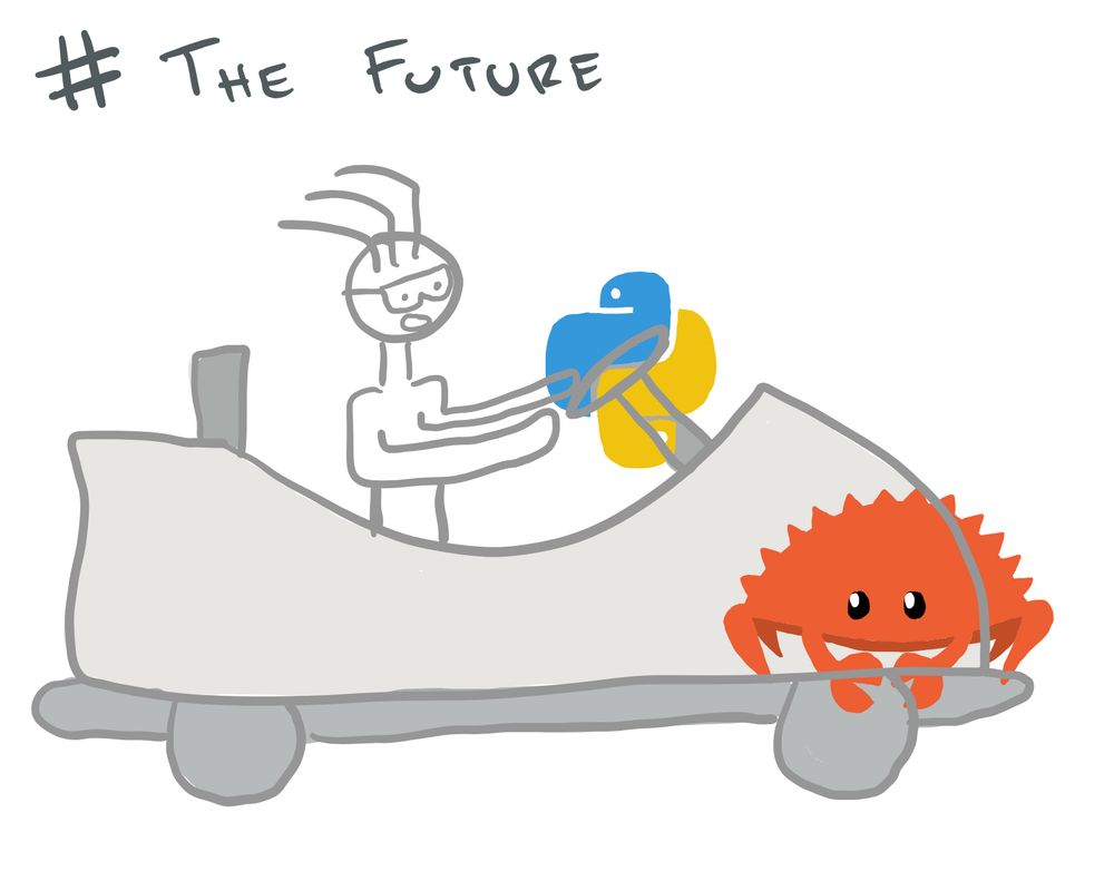 cartoon of someone with awesome hair going real fast in a car where the driving wheel is the python logo and the rust crab logo is the engine.