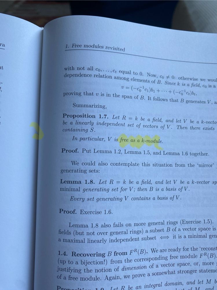 Pic of a math textbook where a proposition closes with “in particular, V is free as a k-module”