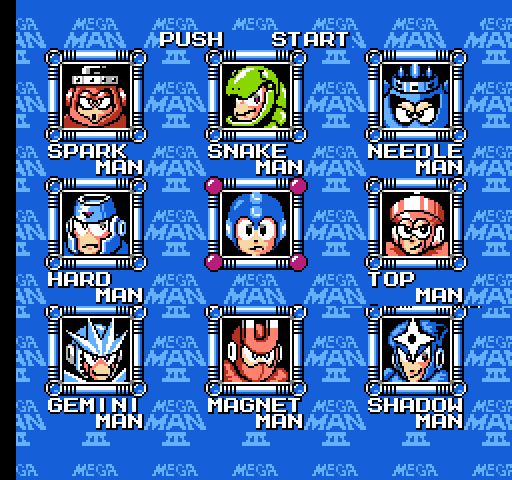 Screenshot of Mega Man 3's stage select.