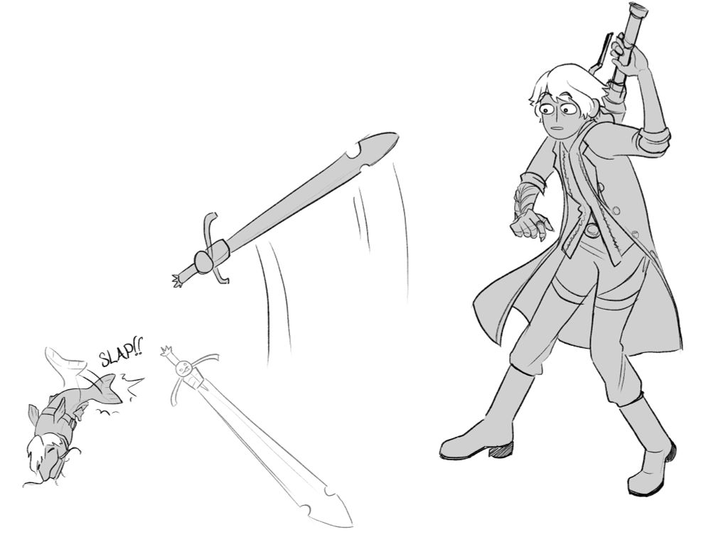 Dante as a catfish slapping the ground, flipping Rebellion into the air. Nero looks surprised and reaches for his own sword. 