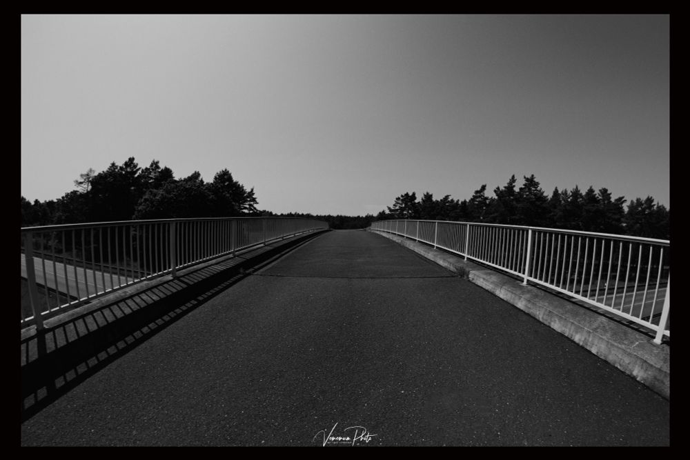 Schwarzweißbild, Brücke mit Metallgeländer und grauer heller Himmel