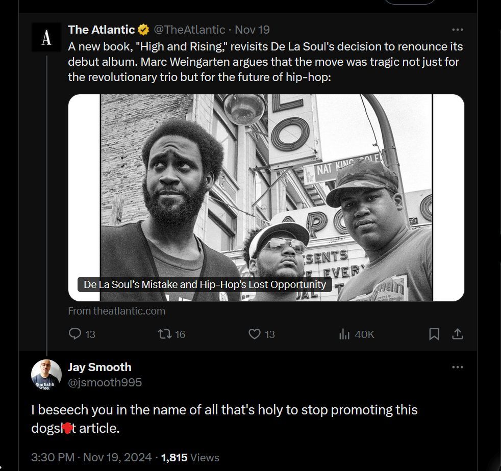 Atlantic tweet promoting their terrible article about the De La Soul Is Dead album, followed by a response from @jsmooth995 urging them to discontinue this disrespectful behavior.