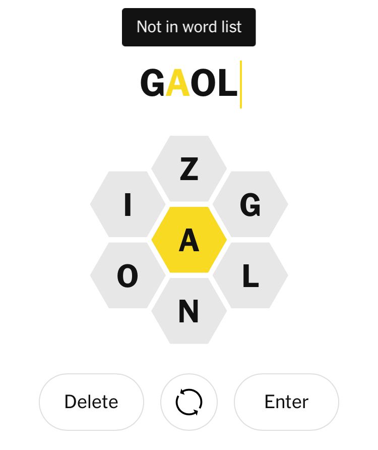 New York Times spelling bee not accepting “gaol”