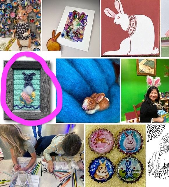 A picture collage of 9 pieces of art featuring bunnies. There is a tiny brown and white ceramic bunny on blue felted wool, a set of 4 tiny bunny paintings inside bottle caps, a card with a cutout bunny in a rainbow of colors, a ceramic bunny statue, a back and white line drawing of bunnies and chrysanthemums, a photo of a woman by a green wall wearing pink and white bunny ears, a photo of kids doing an art project, a painting of a white bunny on a red background, and a frame with a crocheted bunny sitting on top of a big crocheted easter egg. The last one has a bright pink circle drawn around it because it's my piece.