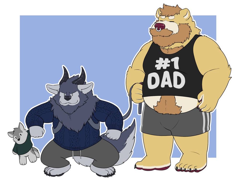 Cosmo the Bear (creamy colored fur with a light brown beard, wearing a “#1 dad” sleeveless shirt - belly peeking out - and grey shorts with white stripes) holding a leash connected to Vyrth the Dragon-Wolf (grey fur, darker hair and horns, wearing grey sweatpants and a dark blue hoodie) with a harness, who is holding a little wolf-plushie. Cosmo has a sleepy bear face and Vyrth a crouchy-goblin stance