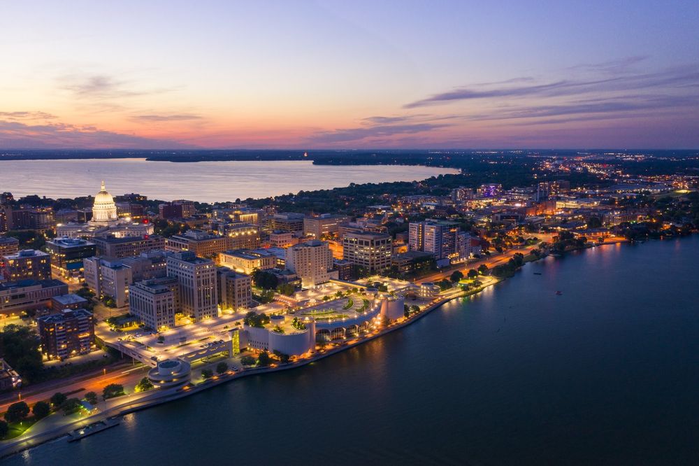 Aerial view of the Madison isthmus at dusk.