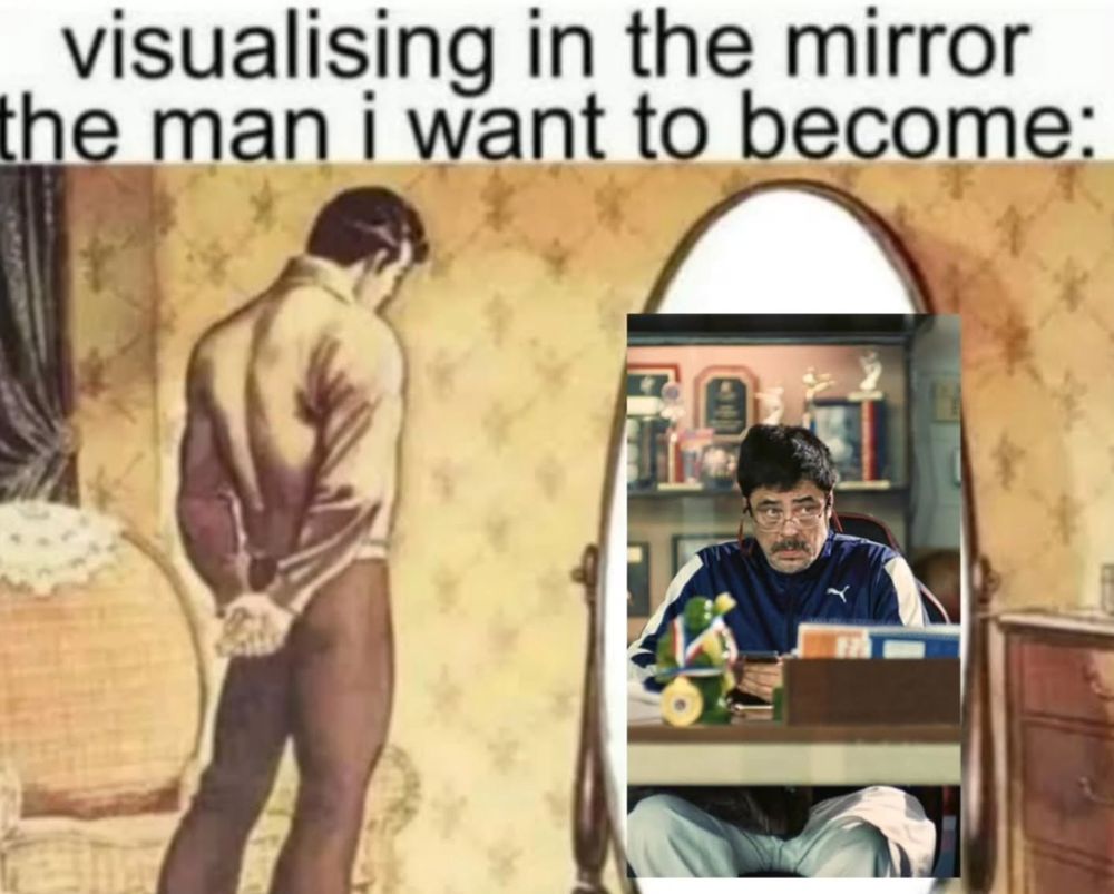 na imagem, um moço olhando para o espelho. no reflexo do espelho, o personagem sensei sergio (interpretado por benicio del toro). o meme diz "visualising in the mirror the man i want to become:"