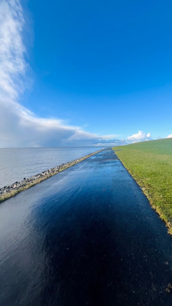 Nasser Radweg am Deich. Links die Nordsee. Rechts Gras. Hinten ein schönes Wolkengebilde. 