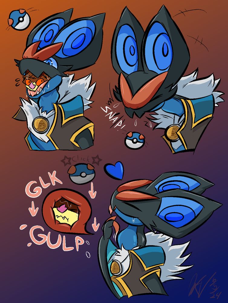 Blue Noivern (owned by LectorTastic) swallowing my bat fella. A pokeball graphic is shown to indicate how "captured" said bat is.