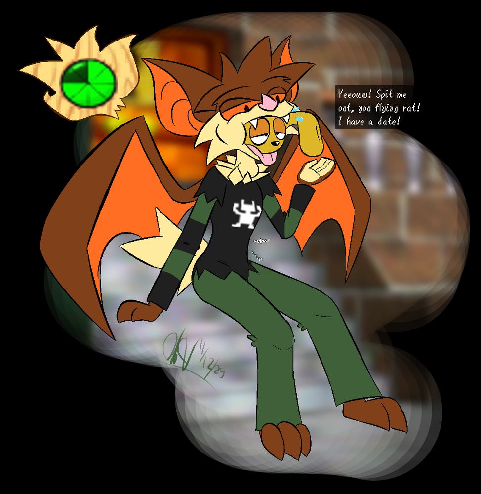 A bat sitting on a small set of stairs with a bunny creature named "MIPS" from a certain popular jump to 3D in gaming, peaking out of the bat's mouth. MIPS is pleading "Yeeoww! Spit me out, you flying rat! I have a date!"
A 3/4ths full health bar for the bat can be seen on the top left.