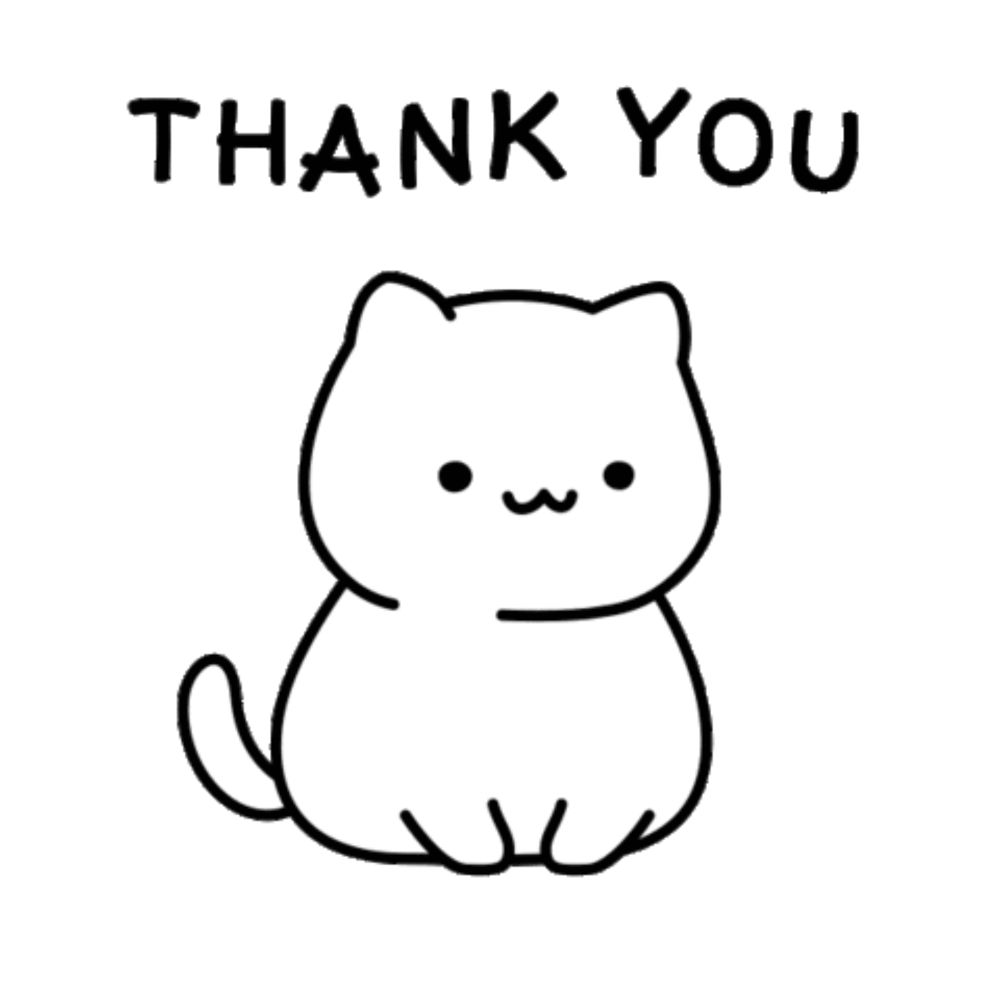 a black and white drawing of a cat with the words `` thank you '' written above it .