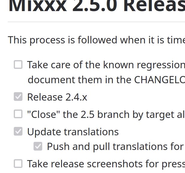 a cropped screenshot of a wiki page that seems to be titled "Mixxx 2.5 Release Checklist" with some items already checked off.