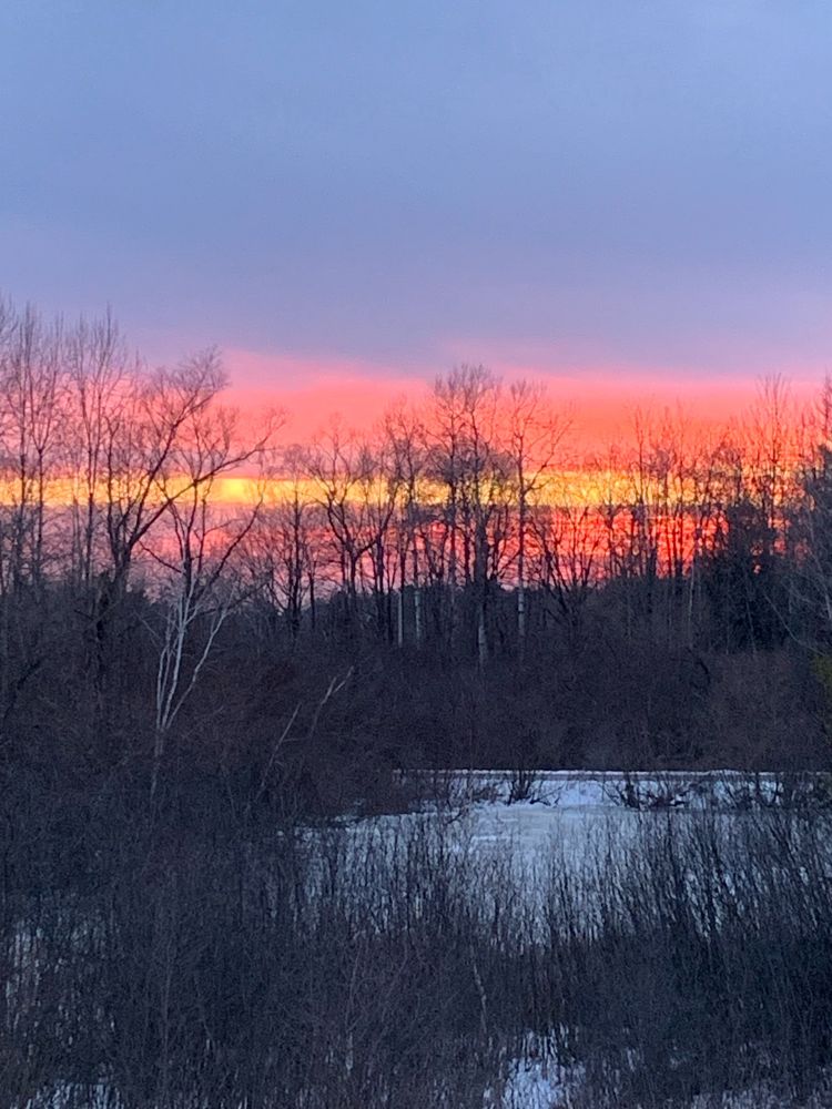 Orange and yellow sunset over frozen pond
