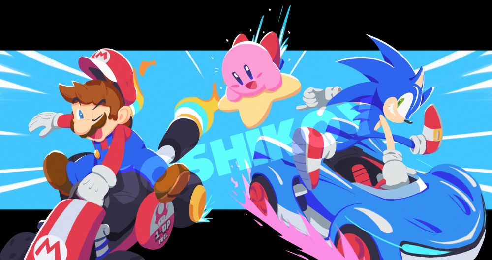 Sonic, Kirby, and Mario in their vehicles
