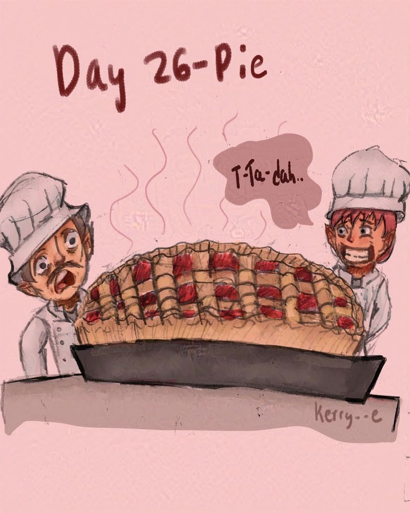 Digital piece of two bakers with one of them showing a giant pie to the other
