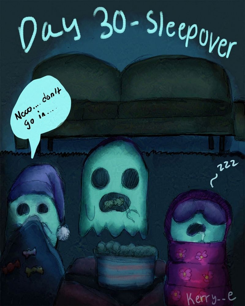 Digital piece of three ghosts having a sleepover and watching a scary movie. Two of them are watching the movie while the other one is sleeping.