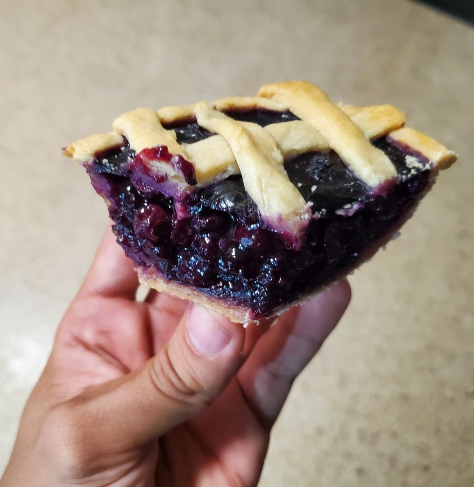 a small crossection of a pie being held in a hand showing off the blueberry center
