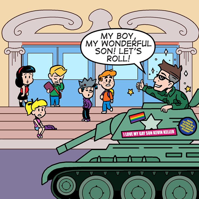 A cartoon illustration of a man driving a tank to school to pick up his son. the bumper stickers say say "proud father of a riverdale high honors student" and "i love my gay son kevin keller"