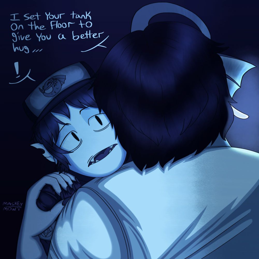 Sebastian solace head leans against the player head, hugging them closely, sebastian solace respond, sebastian solace:" I set your tank on the floor to give you a better hug..." The player had a question expression