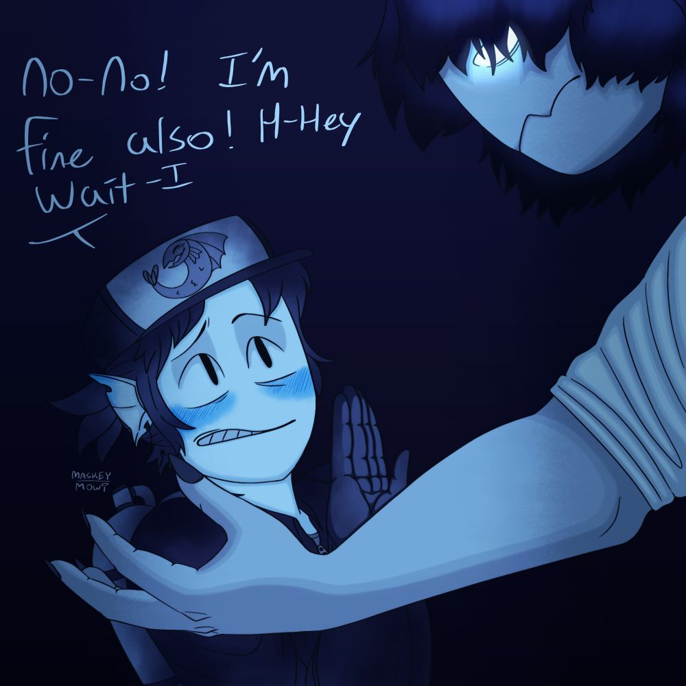 Player expression is embarrassed by sudden gestures from sebastian solace to comfort them, sebastian arm reaches for them, Player responded, player: "no-no! I'm fine also! H-hey wait -I"