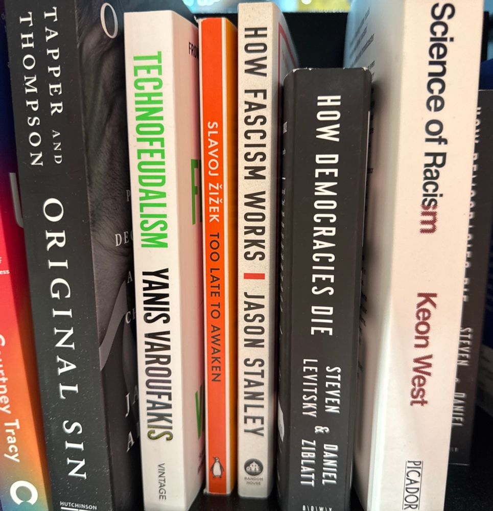 A set of books on a bookshelf. 

Titles are:

Original Sin, Taper and Thompson
Technofudalism, Yanis Varoufakis
Too Late to Awaken, Slavoj Žižek
How Fascism Works, Jason Stanley
How Democracies Die, Steven Levitsky and Daniel Ziblatt
The Science of Racism, Keon West