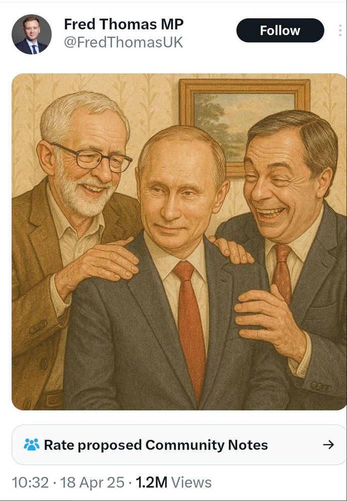 Screenshot of drawing of Putin with Corbyn and Farage standing either side of him, patting his shoulder and smiling. 