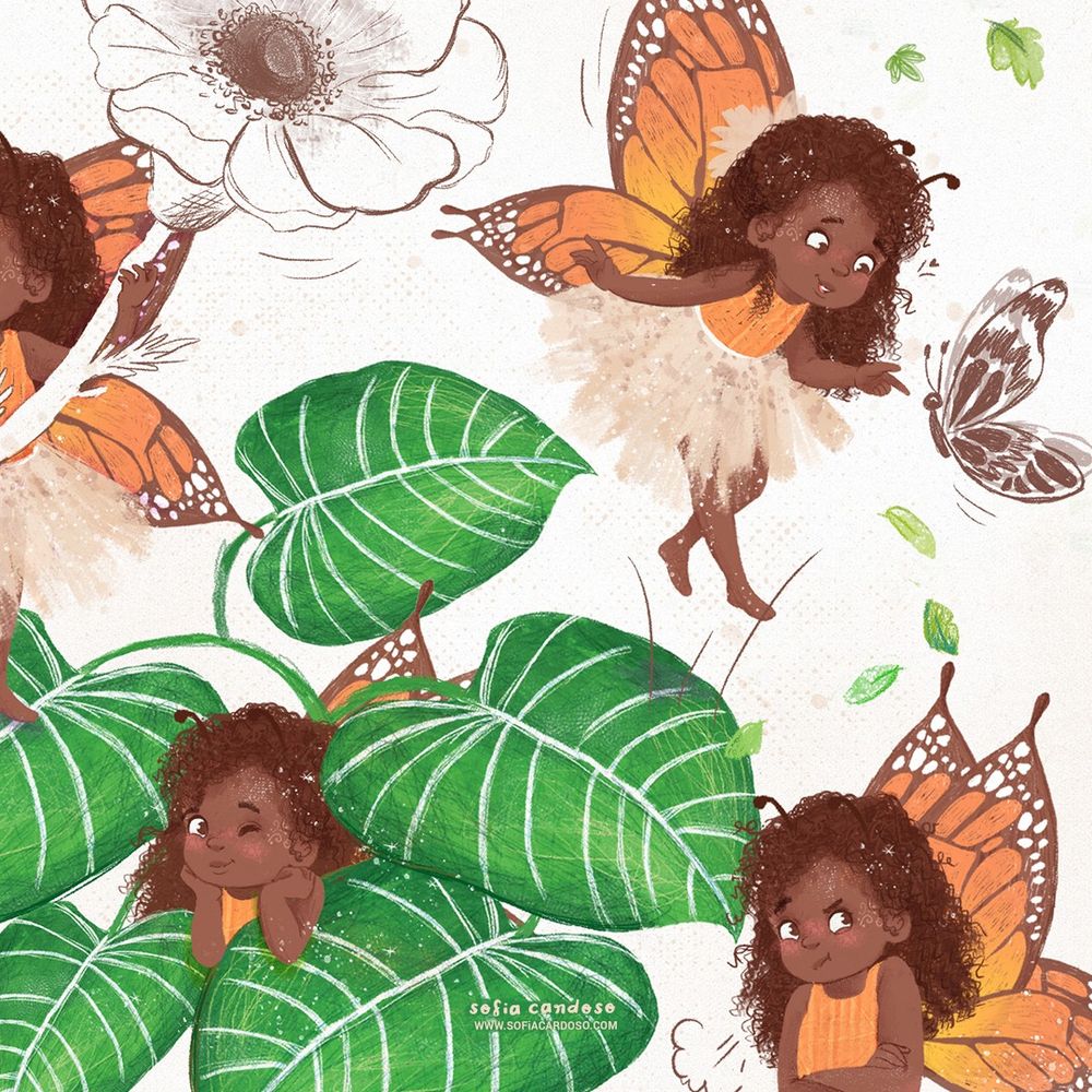 Little butterfly character studies. She has curly brown hair and orange colored wings. Illustrated by Sofia Cardoso