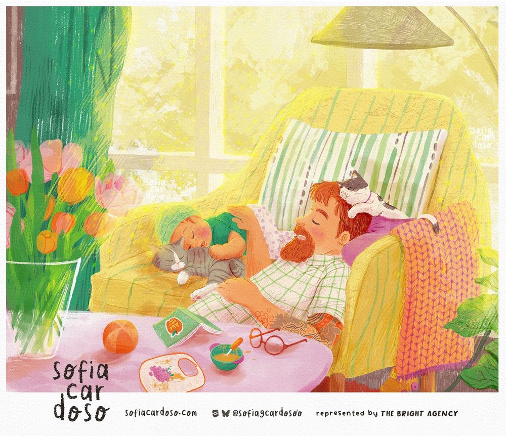 Illustration by illustrator Sofia Cardoso of a heartwarming scene depicting a bearded father, his baby and two cats taking a nap in the living room while warm sunlight rays are beaming through the big window behind the yellow chair where they are laying against. A vase with tulips and pink peonies, a small ball, a baby book, the baby's half eaten carrot soup and the father's glasses can be seen in the foreground on top of the coffee table. 