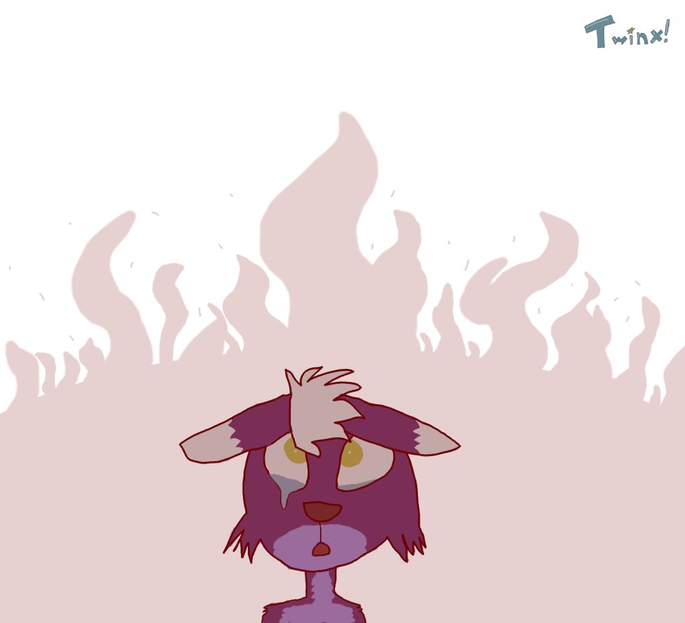 Twinx the skox looking up at a raging fire, tears in his eyes.