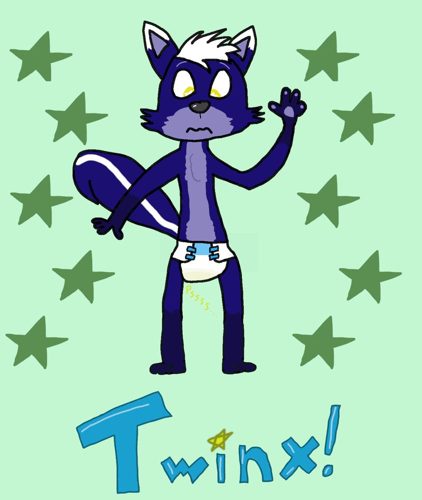 The same picture, but now the skox's diaper is wet. He is bashfully looking down while keeping the same "hello" pose.