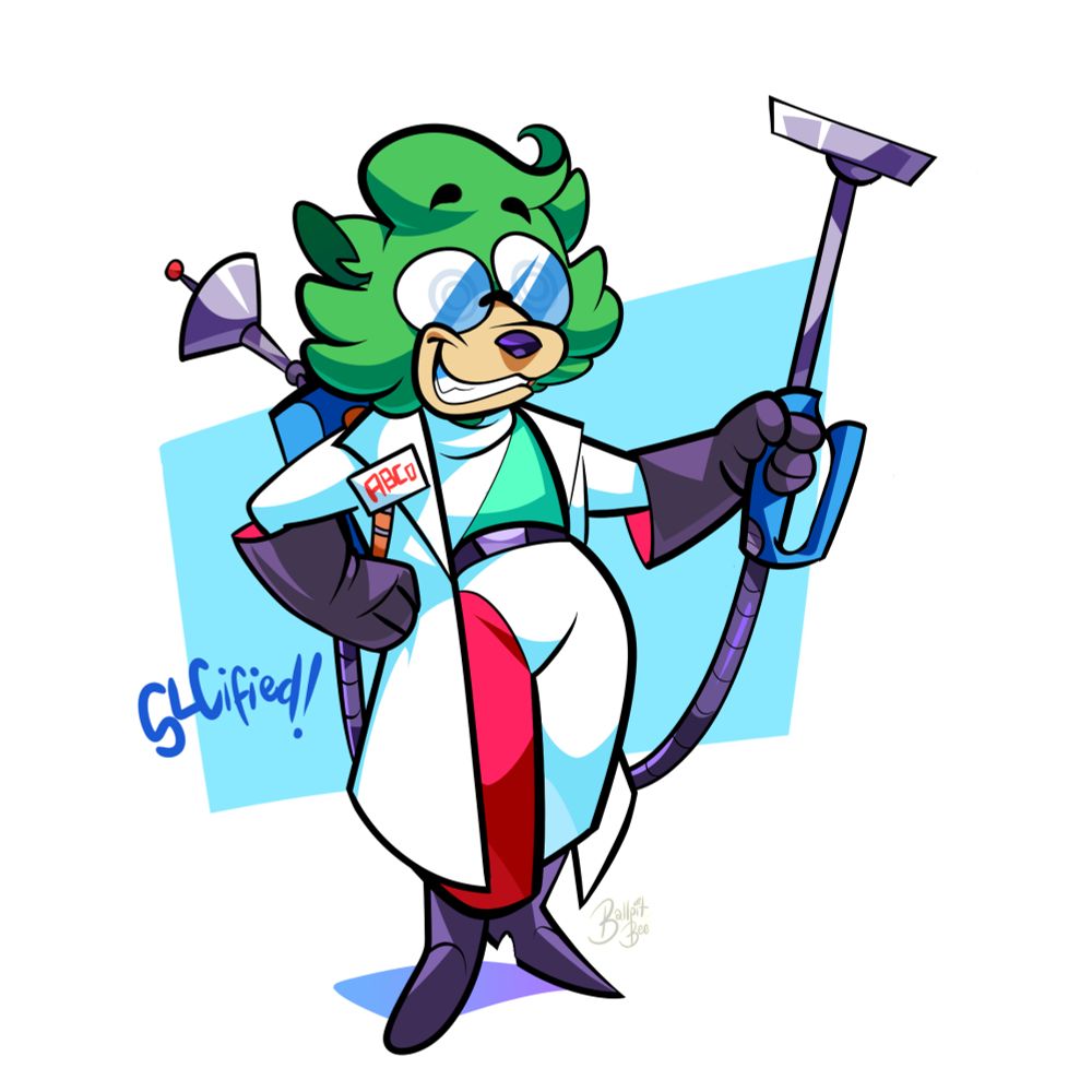 Professor Renderer Grizzleton, a green scientist bear, as part of BallpitBee's SLC universe
