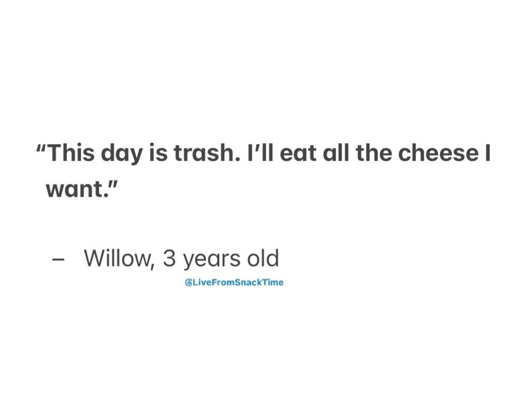 "This day is trash. I'll eat all the cheese I want." - Willow, 3 years old 