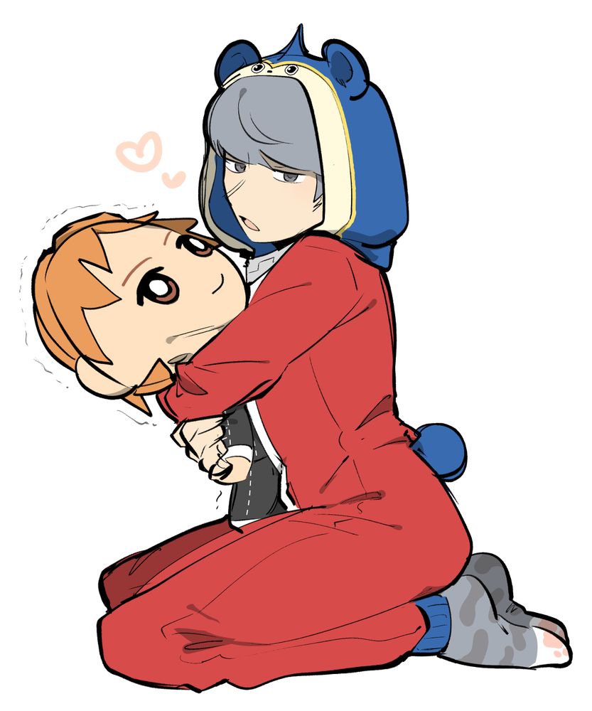 yu in a teddie kigurumi squeezing a plush of yosuke