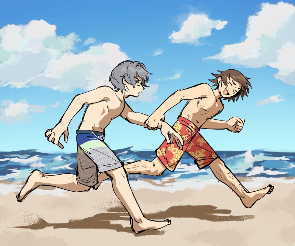 daichi and seiji running on the beach in okinawa
