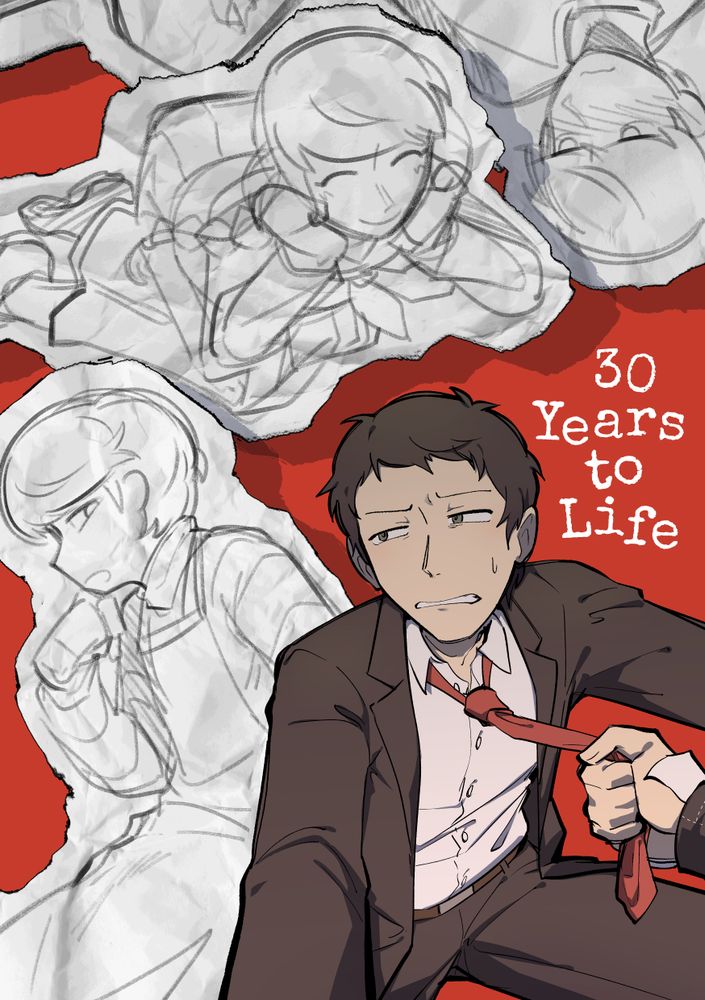 distressed adachi surrounded by paper cutouts of yu; the real yu is pulling adachi's tie from offscreen. title reads "30 Years to Life"