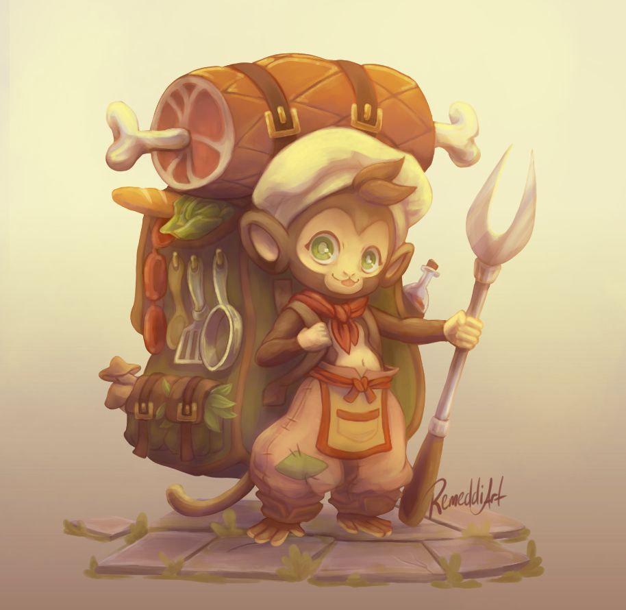 Art of a tiny anthropomorphic monkey-chef with a huge backpack stuffed with provisions such a food, kitchen tools, and a big pieces of meat on top of it. The monkey-chef carries a carving fork like a spear.