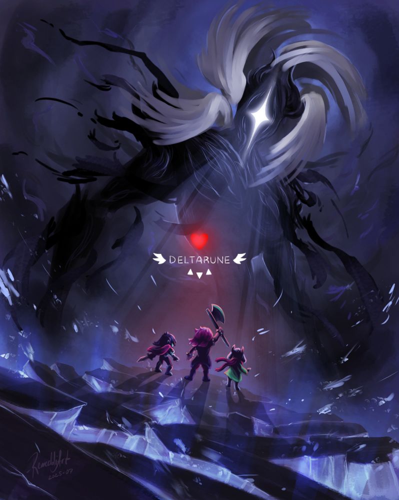 Deltarune fanart of the trio protagonists and a titan looming in the background from chapter4