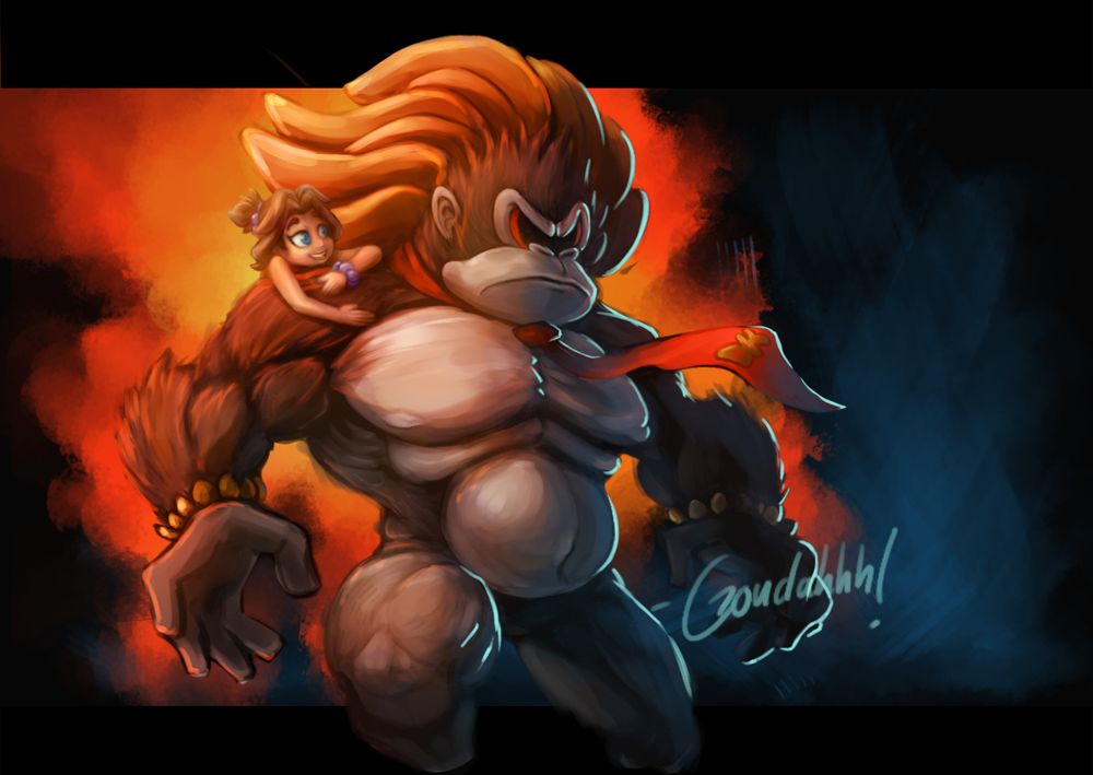 A drawing of Donkey Kong in his Bananza Kong form. Small Pauline is clinging to his shoulder and is smiling at him.