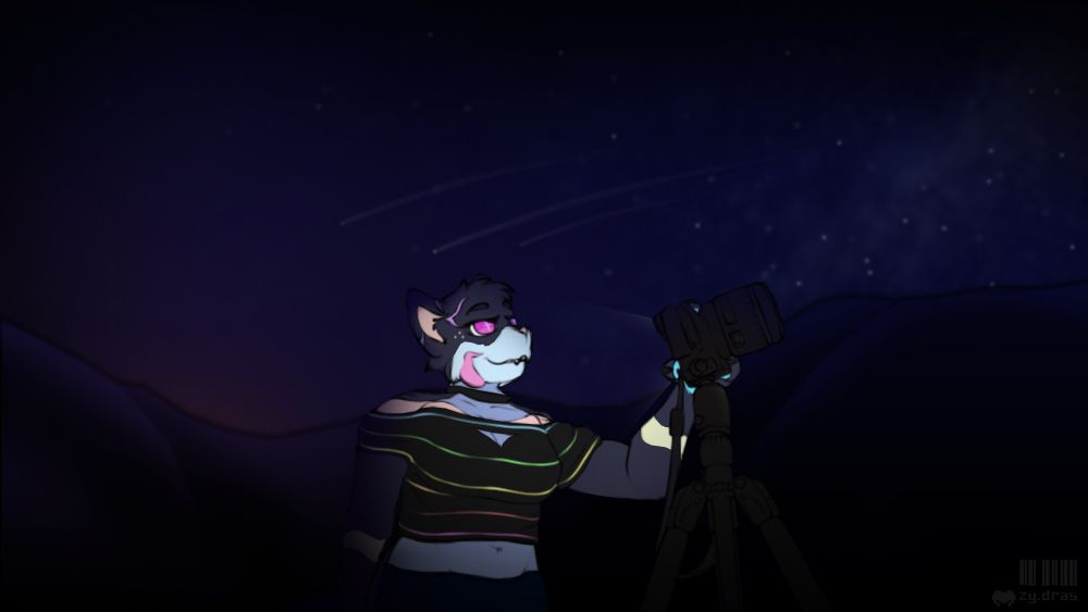 A digital illustration of the same feline again, now outside at night in an open area, pointing a camera on a tripod up at the sky.