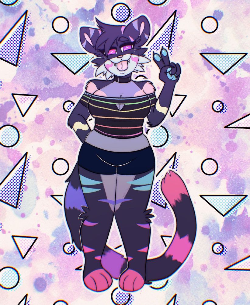 A digital illustration of the character from the previous image, but in fullbody against a retro abstract background, wearing black shorts and a black crop top with rainbow stripes and a chest cutout.