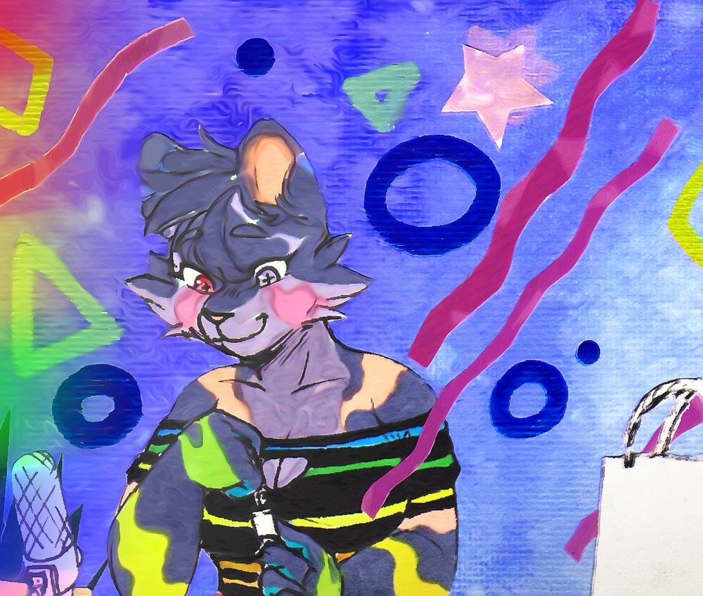 A mixed media illustration of the feline character sitting at a desk with a microphone, looking at makeup with a shopping bag off to the side.
