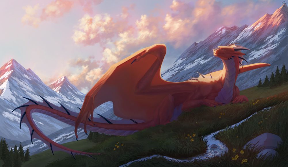 Orange western dragon full-body sitting under a sunset, touched by sunlight in the snow covered mountains. Among a grassy meadow with flowers and a stream.