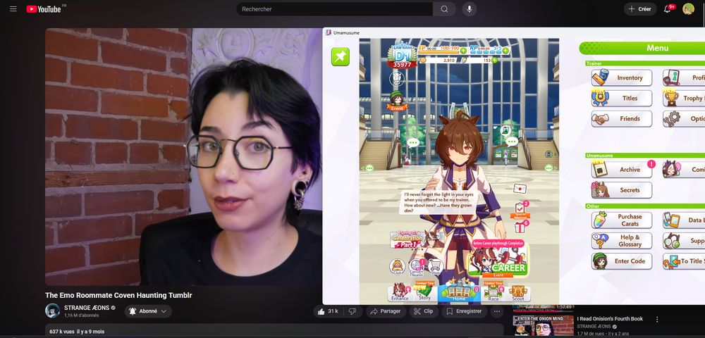 a screenshot of a youtube video from strange aeons named "The Emo Roommate Coven Haunting Tumblr", on the side there's another tab playing the game umamusume, which features an anime horse girl.
