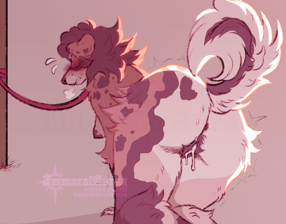 My dog sona, Amora, with her rear pointed at the viewer, cum dripping out of her pussy. She's leash-tied to a pole looking visibly flustered.