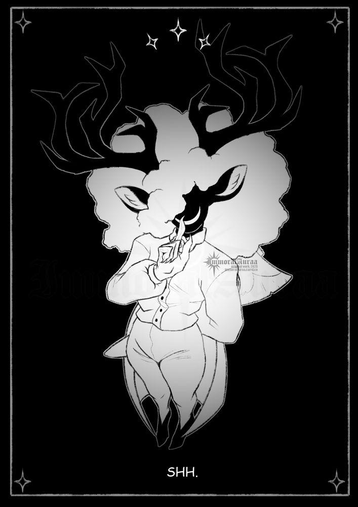 A black and white illustration of my sona, Doe Eyes, at a top-down angle. She's eyeless, wearing an unsettling grin on her pitch black void of a face. She's hiding an axe behind her back from the viewer, shushing them.