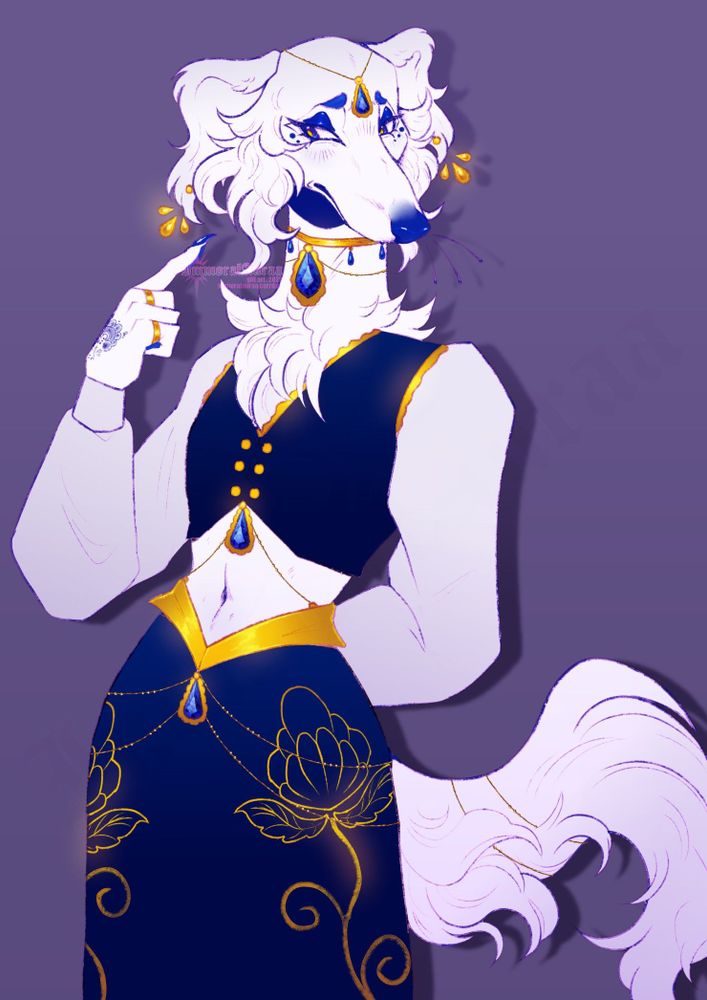 Half-body of a white anthropomorphic borzoi dressed in elegant blue and gold attire and accessories.