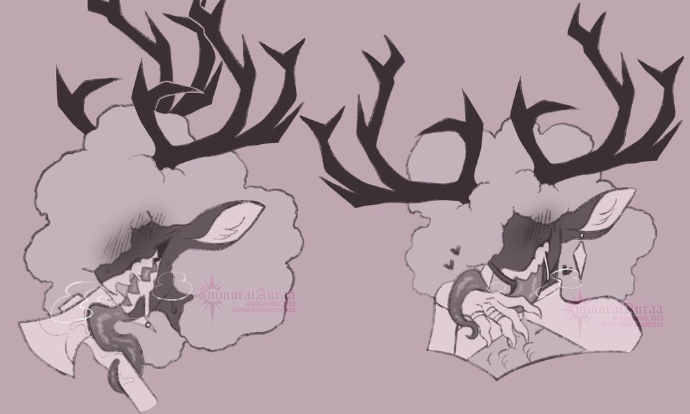 Monochromatic Doe Eyes busts of her being gross. Left bust shows her wrapping her long ass tongue around her axe like a weirdo. Right bust shows her with her nasty ass tongue draped over her hand, trying to be flirty but just looks disgusting as always.