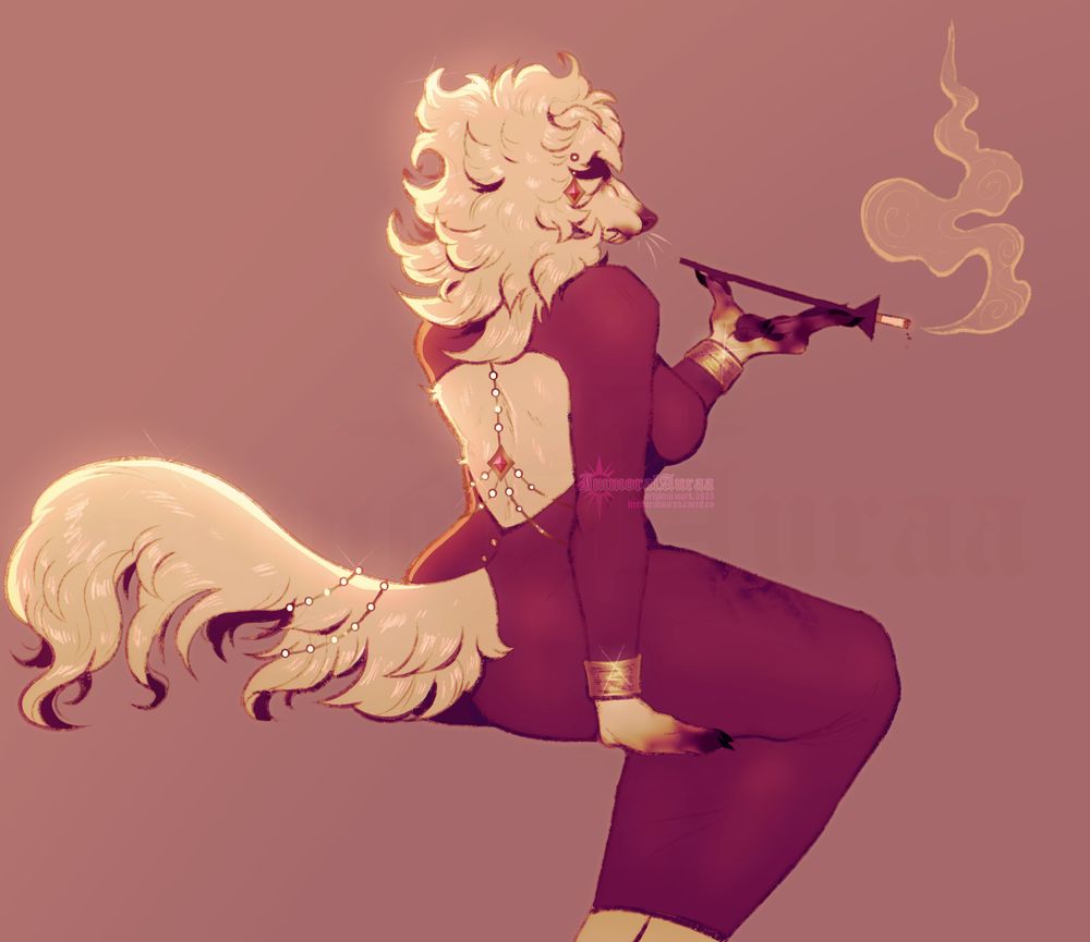 Digital illustration of my borzoi OC Beatrice, with a cigarette holder, back turned to the viewer. Her hands and mouth are stained with blood.