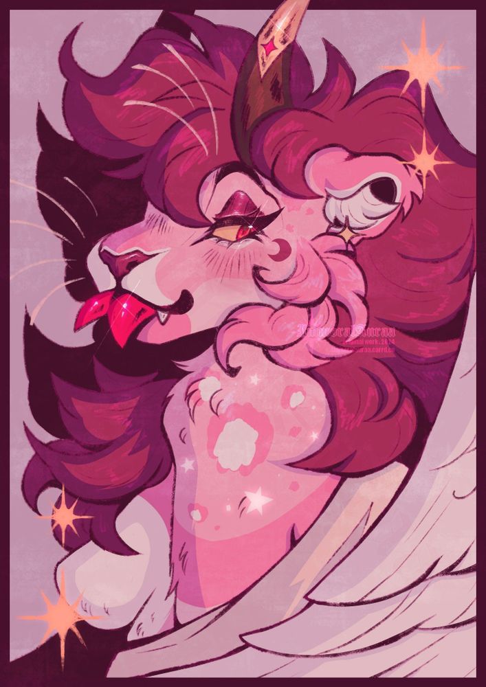 A bust piece featuring my pink, dark-maned snow leopard fursona, Immoral, wrapped in a white blanket. A delicate, orange light rests on her as the star spots in her fur faintly glow in the dim lighting.

Her body is facing the viewer's left, as she looks behind her with with her tongue sticking out. She wears a relaxed and flirty expression; Her cheeks are coated in a soft, rosy blush. She has black horns decorated with golden caps containing pink 4-pointed star shaped gems. One of her wings is placed into the foreground, covering the bottom right corner. Almost the entirety of her right side is encased in a solid black shadow.