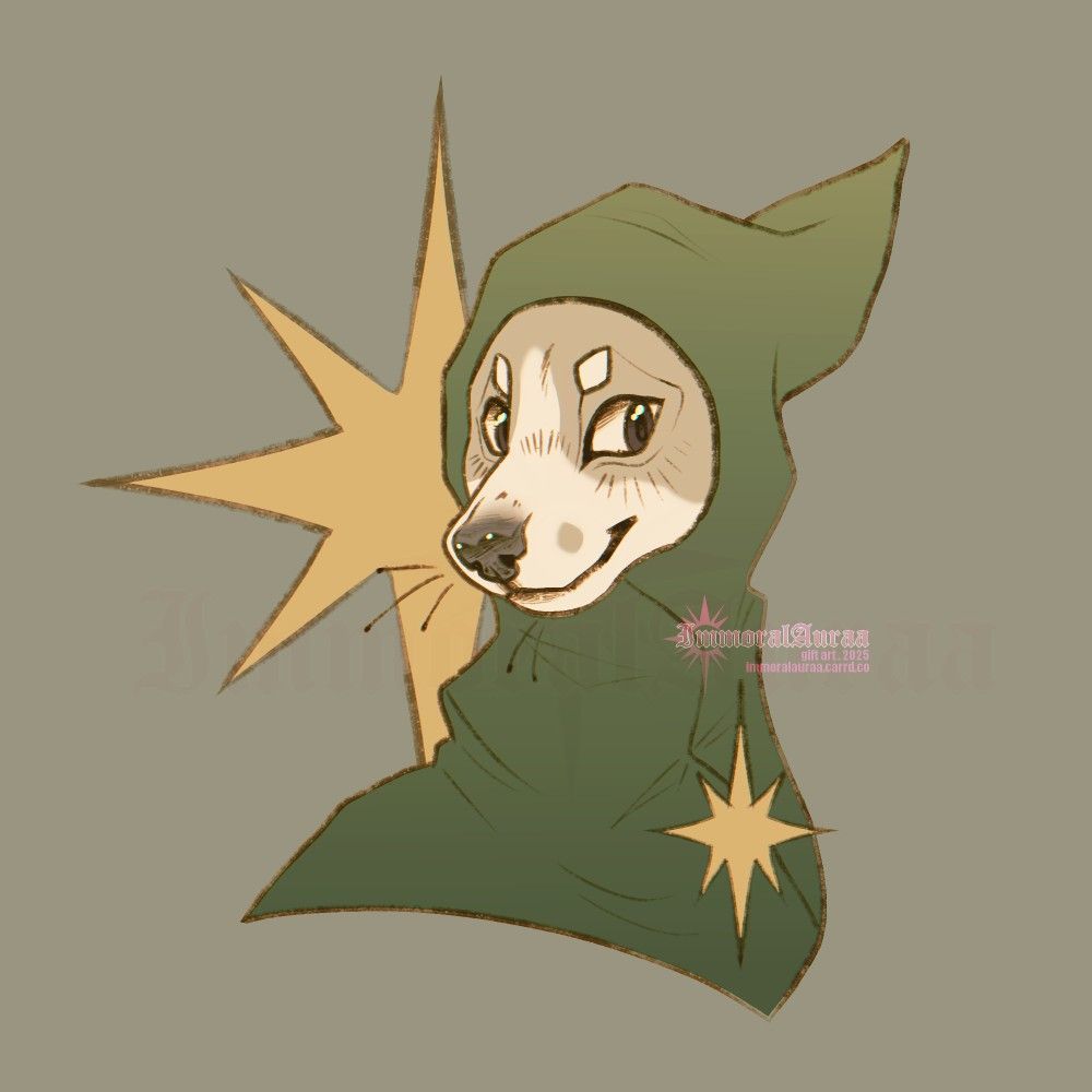 Bust of a whippet dog in a green hooded cloak with an 8-pointed star broche.